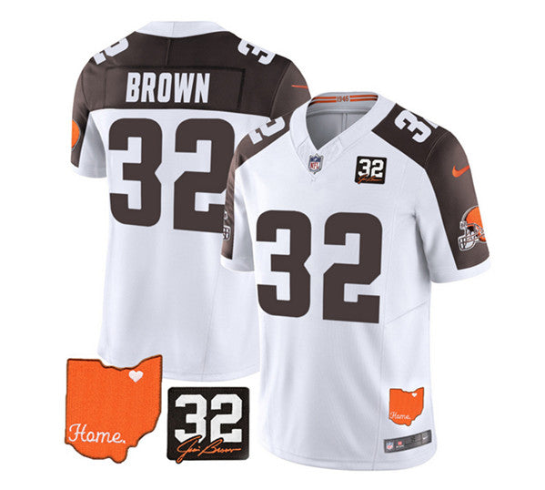 Cleveland Browns #32 Jim Brown White-Brown 2023 FUSE With Jim Brown Memorial Patch Jersey