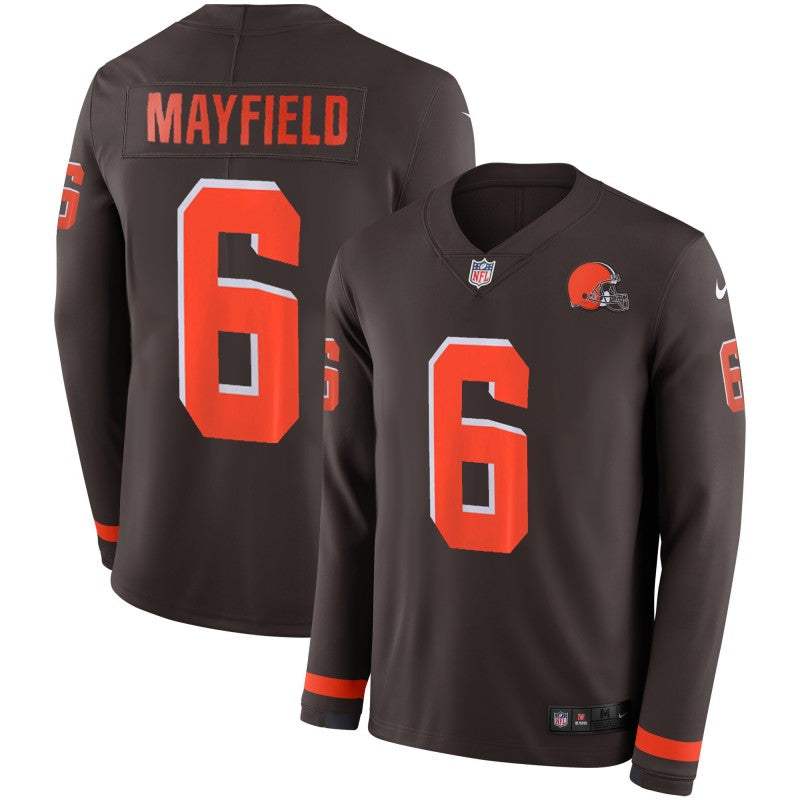 Cleveland Browns #6 Baker Mayfield Brown Therma Long Sleeve Jersey