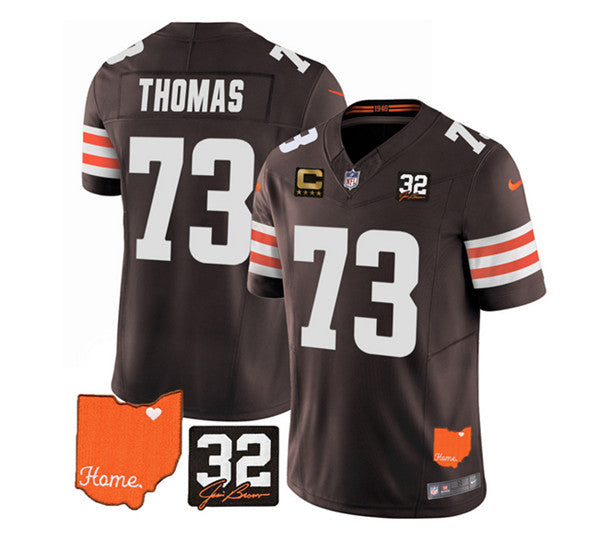 Cleveland Browns #73 Joe Thomas Brown 2023 FUSE With Jim Brown Memorial Patch and 4-Star C Patch Jersey