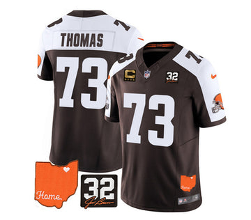 Cleveland Browns #73 Joe Thomas Brown-White 2023 FUSE With Jim Brown Memorial Patch And 4-Star C Patch Jersey