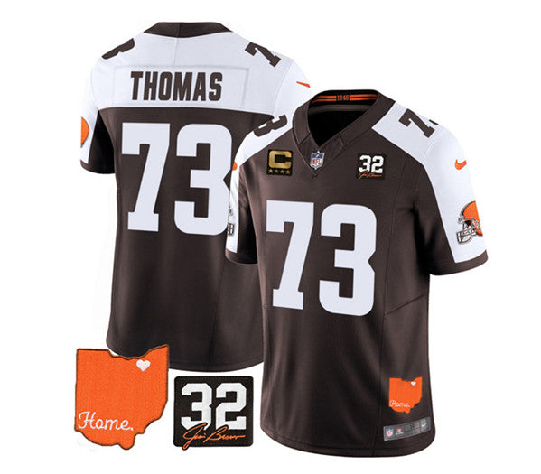 Cleveland Browns #73 Joe Thomas Brown-White 2023 FUSE With Jim Brown Memorial Patch And 4-Star C Patch Jersey