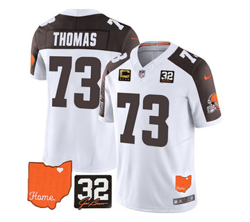 Cleveland Browns #73 Joe Thomas White-Brown 2023 FUSE With Jim Brown Memorial Patch and 4-Star C Patch Jersey