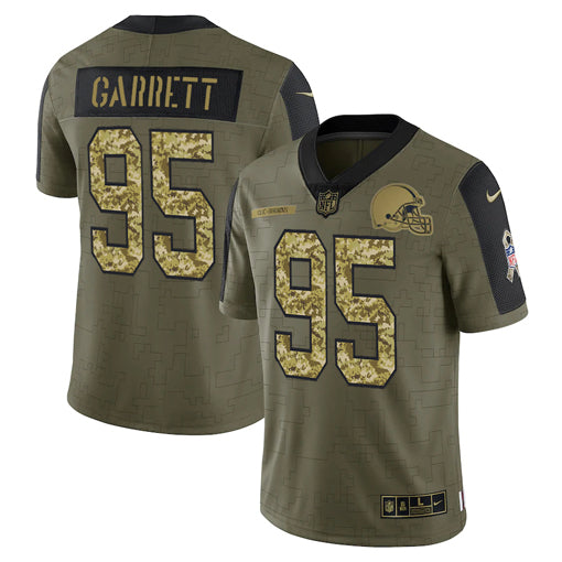 Cleveland Browns #95 Myles Garrett 2021 Olive Camo Salute To Service Jersey