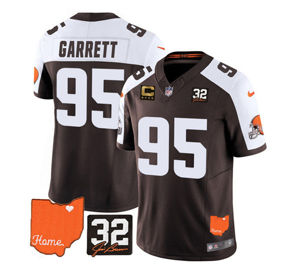 Cleveland Browns #95 Myles Garrett Brown-White 2023 FUSE With Jim Brown Memorial Patch and 4-Star C Patch Jersey
