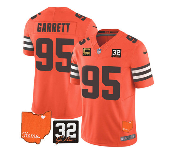Cleveland Browns #95 Myles Garrett Orange 2023 FUSE With Jim Brown Memorial Patch And 4-Star C Patch Jersey