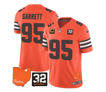 Cleveland Browns #95 Myles Garrett Orange 2023 FUSE With Jim Brown Memorial Patch And 4-Star C Patch Jersey
