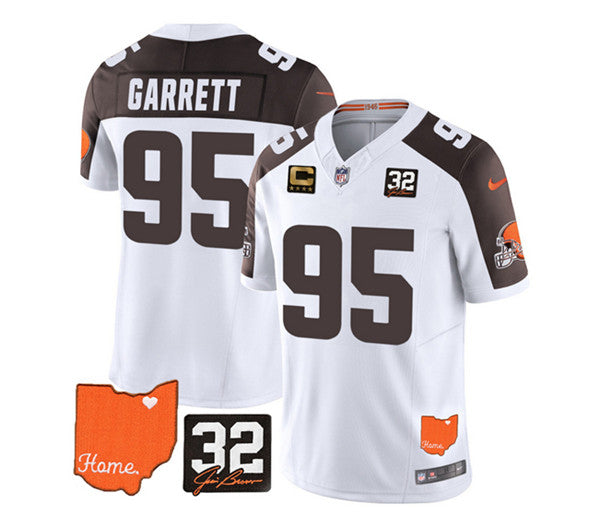 Cleveland Browns #95 Myles Garrett White-Brown 2023 FUSE With Jim Brown Memorial Patch and 4-Star C Patch Jersey