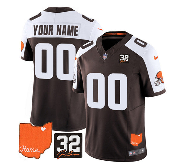Cleveland Browns Custom Brown-White 2023 FUSE With Jim Brown Memorial Patch Jersey