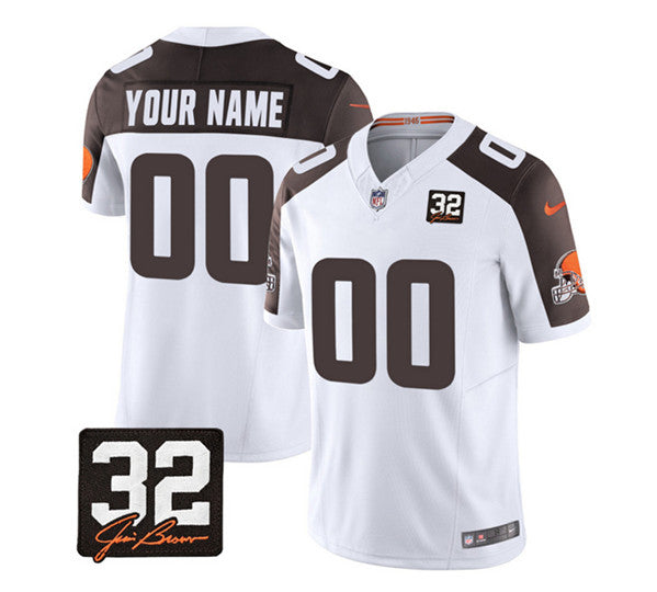 Cleveland Browns Custom White-Brown 2023 FUSE With Jim Brown Memorial Patch Jersey