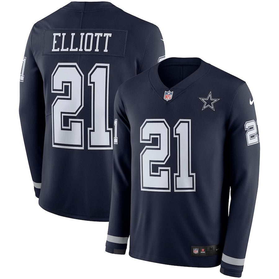 Cowboys #21 Ezekiel Elliott Navy Therma Long Sleeve Jersey