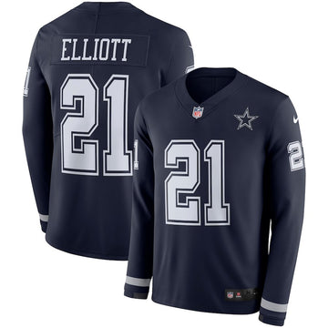 Cowboys #21 Ezekiel Elliott Navy Therma Long Sleeve Jersey