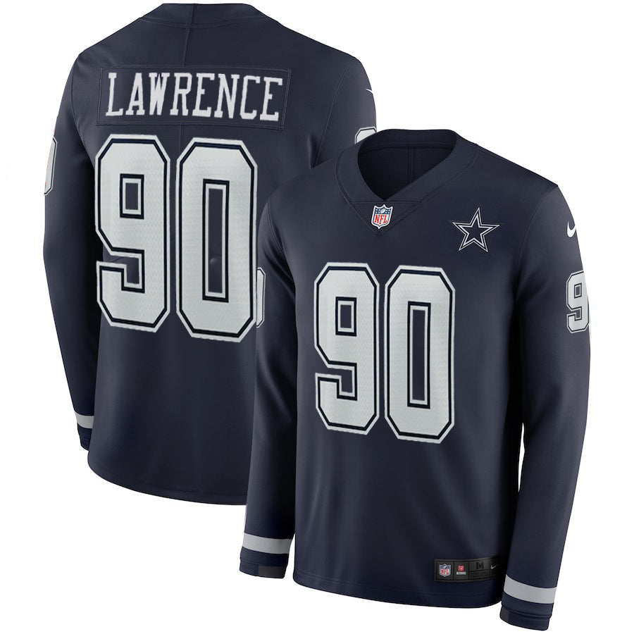 Cowboys #90 Demarcus Lawrencs Navy Therma Long Sleeve Jersey