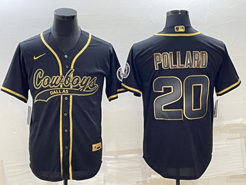 Dallas Cowboys #20 Tony Pollard Black Gold With Patch Baseball Jersey