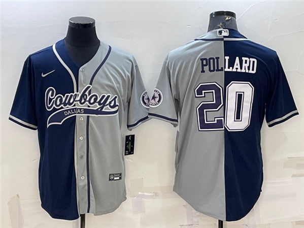 Dallas Cowboys #20 Tony Pollard Navy-Grey Split With Patch Baseball Jersey