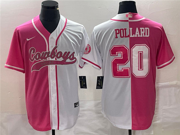 Dallas Cowboys #20 Tony Pollard Pink-White Split Baseball Jersey
