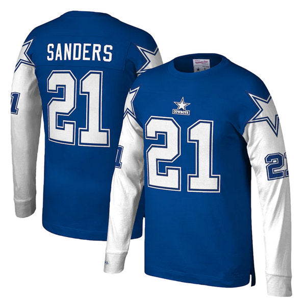 Dallas Cowboys #21 Deion Sanders Royal Mitchell & Ness Throwback Long Sleeve Jersey