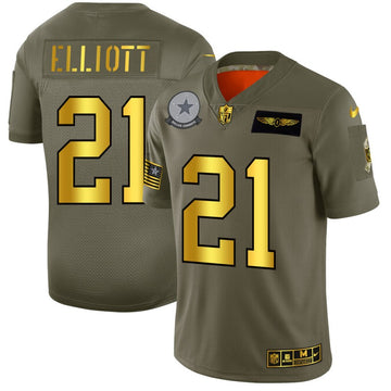 Dallas Cowboys #21 Ezekiel Elliott 2019 Olive-Gold Salute To Service Jersey