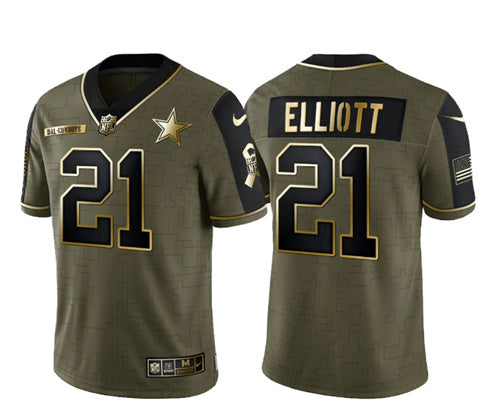 Dallas Cowboys #21 Ezekiel Elliott 2021 Olive Salute To Service Golden Jersey