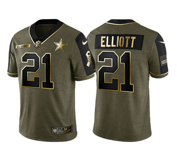 Dallas Cowboys #21 Ezekiel Elliott 2021 Olive Salute To Service Golden Jersey