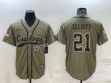Dallas Cowboys #21 Ezekiel Elliott 2022 Olive Salute to Service Baseball Jersey