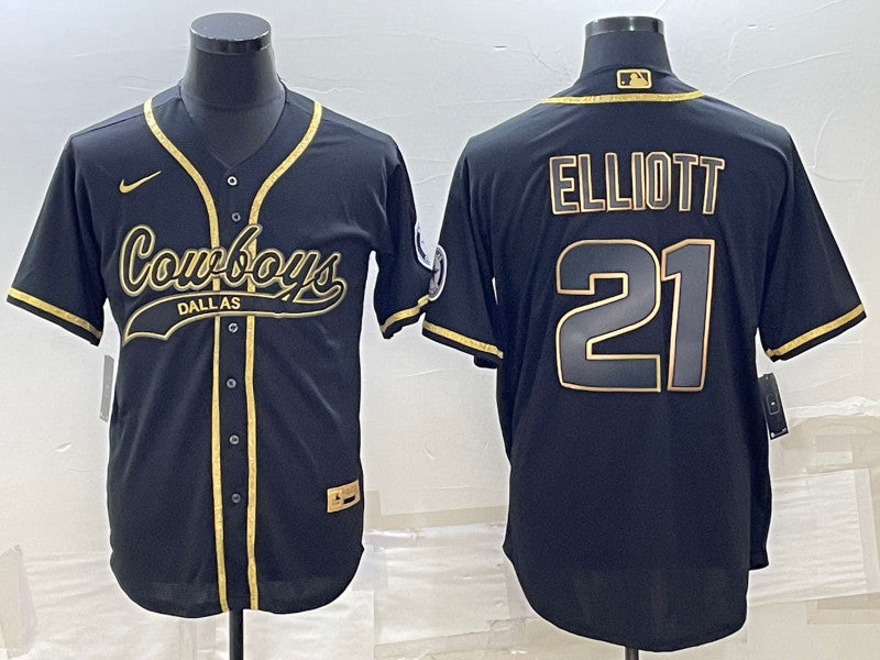 Dallas Cowboys #21 Ezekiel Elliott Black Gold With Patch Baseball Jersey