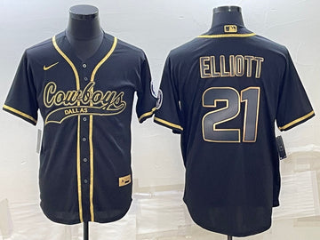 Dallas Cowboys #21 Ezekiel Elliott Black Gold With Patch Baseball Jersey