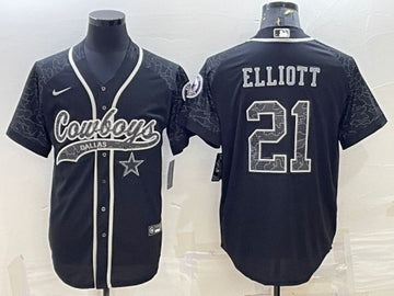 Dallas Cowboys #21 Ezekiel Elliott Black Reflective With Patch Baseball Jersey