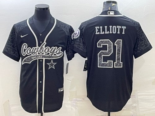 Dallas Cowboys #21 Ezekiel Elliott Black Reflective With Patch Baseball Jersey