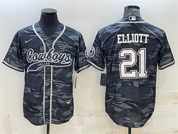 Dallas Cowboys #21 Ezekiel Elliott Gray Camo With Patch Baseball Jersey