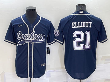 Dallas Cowboys #21 Ezekiel Elliott Navy Baseball Jersey