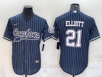 Dallas Cowboys #21 Ezekiel Elliott Navy With Patch Baseball Jersey