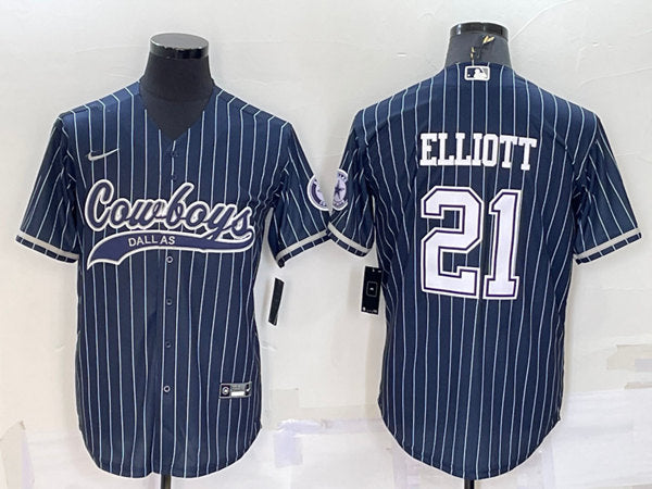 Dallas Cowboys #21 Ezekiel Elliott Navy With Patch Baseball Jersey