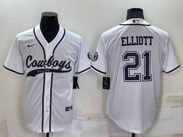 Dallas Cowboys #21 Ezekiel Elliott White Baseball Jersey
