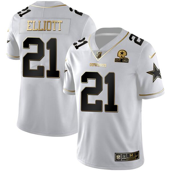 Dallas Cowboys #21 Ezekiel Elliott White Golden Edition With 1960 Patch Jersey
