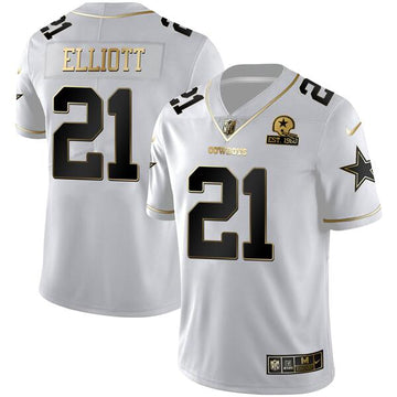 Dallas Cowboys #21 Ezekiel Elliott White Golden Edition With 1960 Patch Jersey