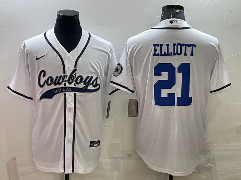 Dallas Cowboys #21 Ezekiel Elliott White With Patch Baseball Jersey