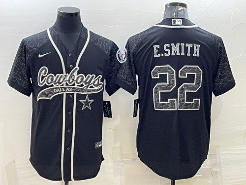 Dallas Cowboys #22 Emmitt Smith Black Reflective With Patch Baseball Jersey