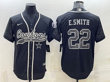 Dallas Cowboys #22 Emmitt Smith Black Reflective With Patch Baseball Jersey