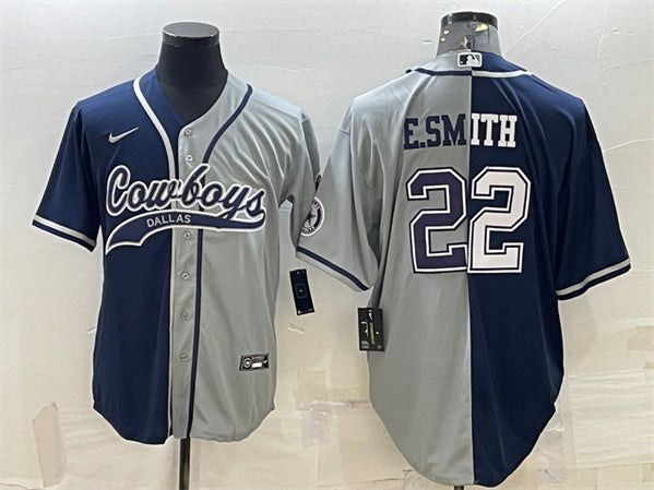 Dallas Cowboys #22 Emmitt Smith Navy-Gray Split With Patch Baseball Jersey