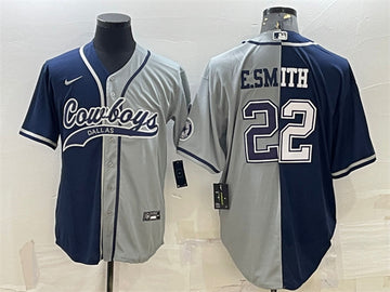 Dallas Cowboys #22 Emmitt Smith Navy-Gray Split With Patch Baseball Jersey
