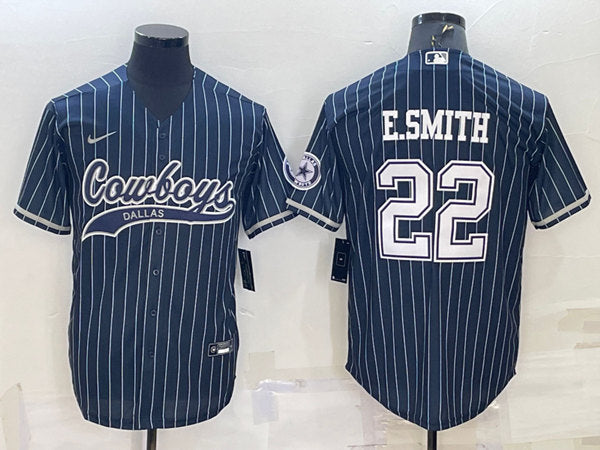 Dallas Cowboys #22 Emmitt Smith Navy With Patch Baseball Jersey