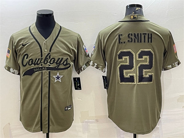 Dallas Cowboys #22 Emmitt Smith Olive 2022 Salute to Service Baseball Jersey
