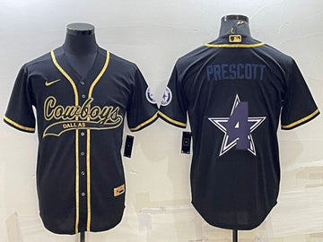 Dallas Cowboys #4 Dak Prescott Black Gold Team Big Logo With Patch Baseball Jersey