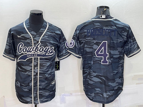 Dallas Cowboys #4 Dak Prescott Gray Navy Camo With Patch Baseball Jersey