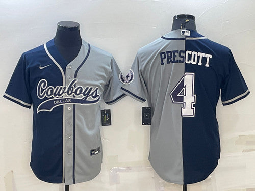 Dallas Cowboys #4 Dak Prescott Navy-Gray Split With Patch Baseball Jersey
