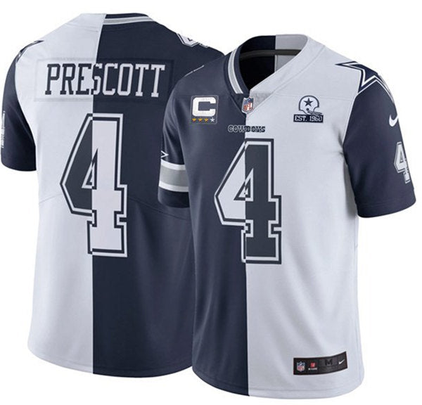 Dallas Cowboys #4 Dak Prescott Navy White Split With C Patch And 1960 Patch Jersey