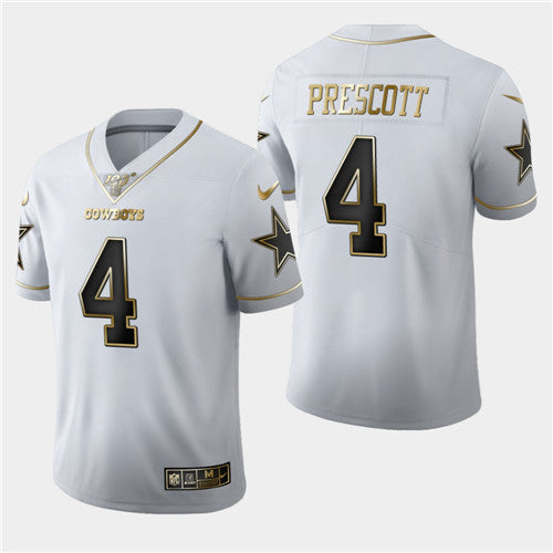 Dallas Cowboys #4 Dak Prescott White 2019 100th Season Golden Edition Jersey
