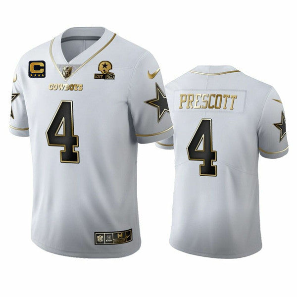 Dallas Cowboys #4 Dak Prescott White Golden Edition With C Patch And 1960 Patch Jersey