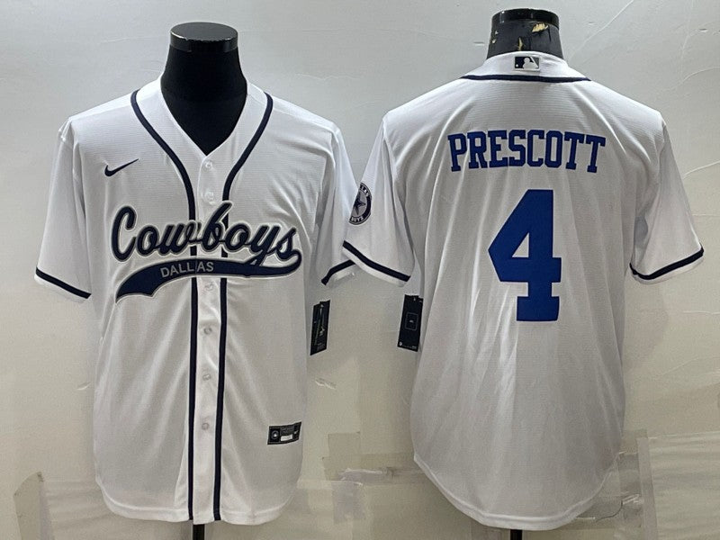 Dallas Cowboys #4 Dak Prescott White With Patch Baseball Jersey