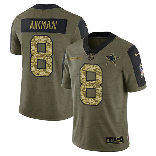 Dallas Cowboys #8 Troy Aikman 2021 Olive Camo Salute To Service Jersey